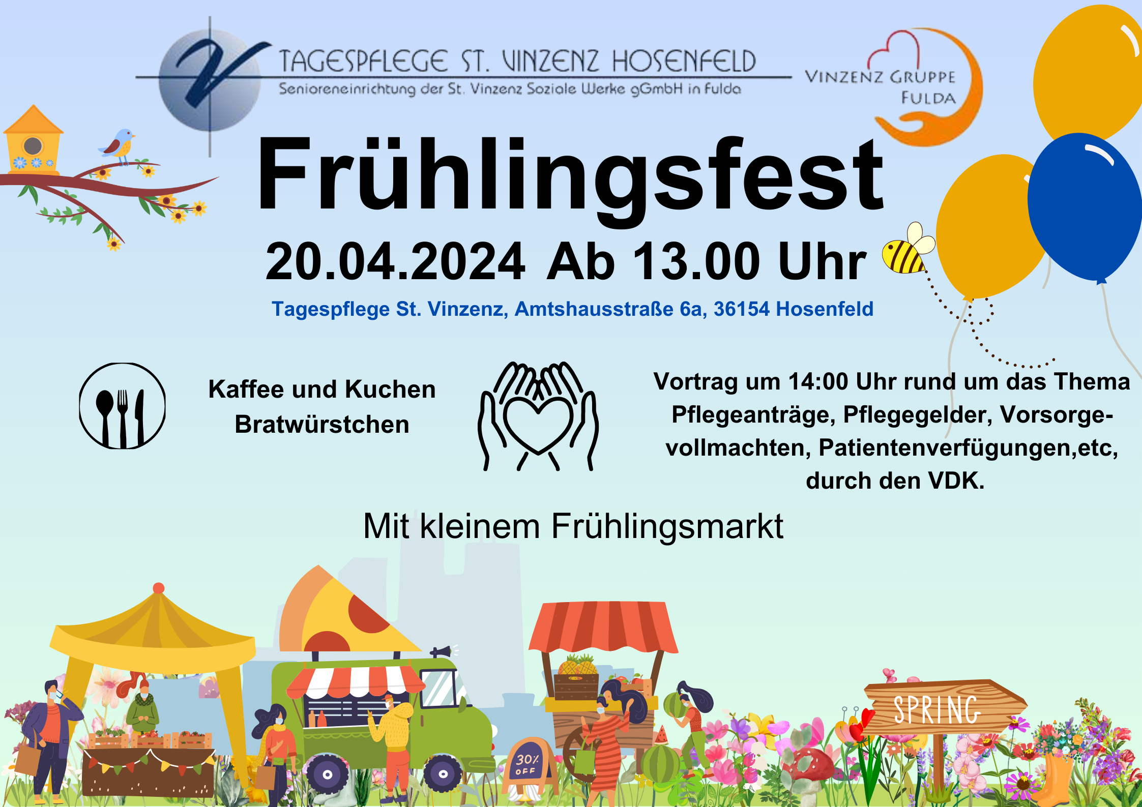 Frühlingsfest Tagespflege St. Vinzenz Sie sehen das Plakat zum Frühlingsfest der Tagespflege St. Vinzenz.