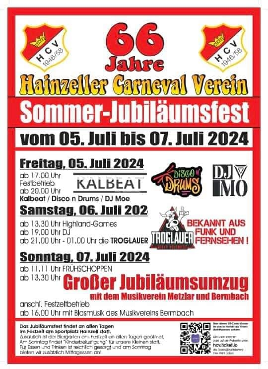 Sie sehen das Plakat für das Jubiläumsfest des Hainzeller Carneval Vereins e.V.