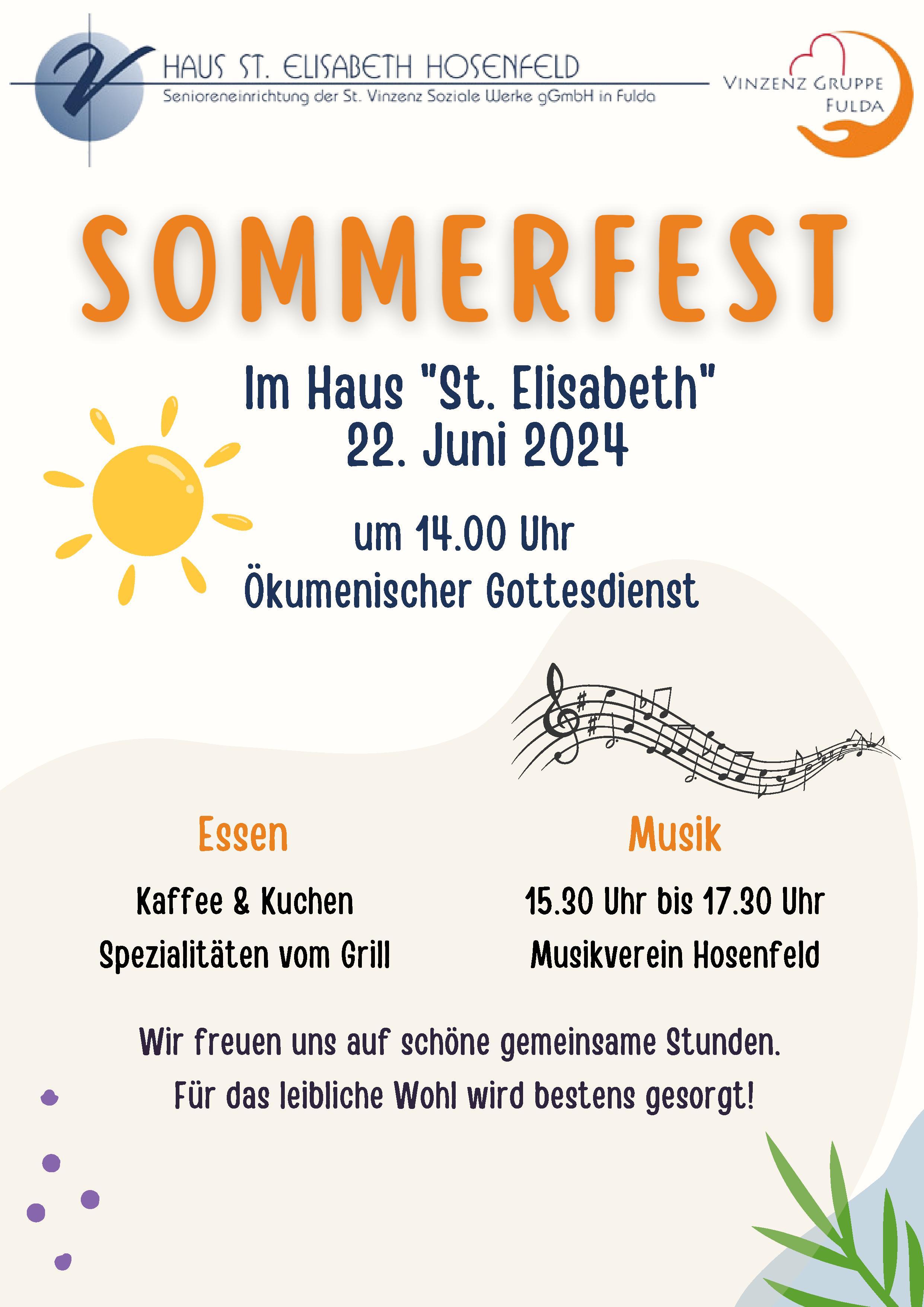 Sommerfest Pflegeheim St. Vinzenz Hosenfeld Sie sehen das Plakat für das Sommerfest im Pflegeheim St. Vinzenz in Hosenfeld.
