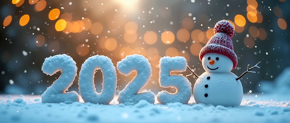 Hier sehen Sie die Zahl 2025 mit einem Schneemann daneben.