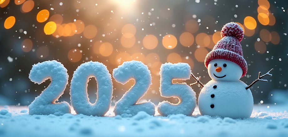 Hier sehen Sie die Zahl 2025 mit einem Schneemann daneben.
