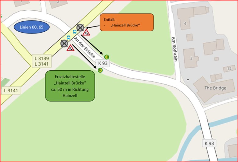 Sie sehen auf einer Karte die gesperrte Straße in Hainzell.