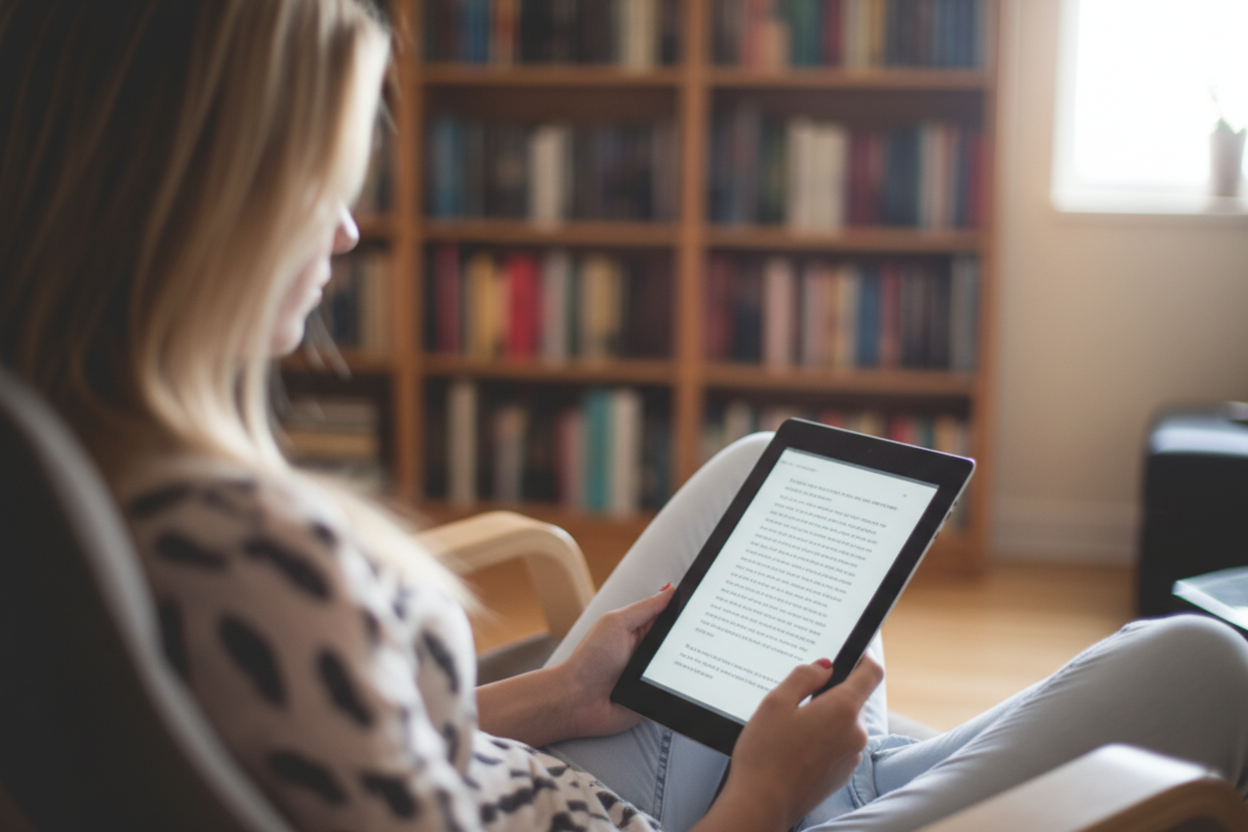 Hier sehen Sie eine Dame mit einem eBook in einer Bibliothek.