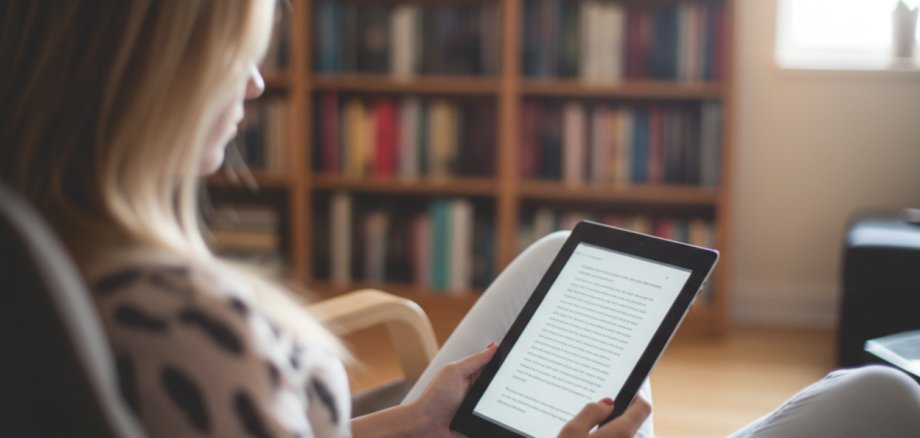 Hier sehen Sie eine Dame mit einem eBook in einer Bibliothek.
