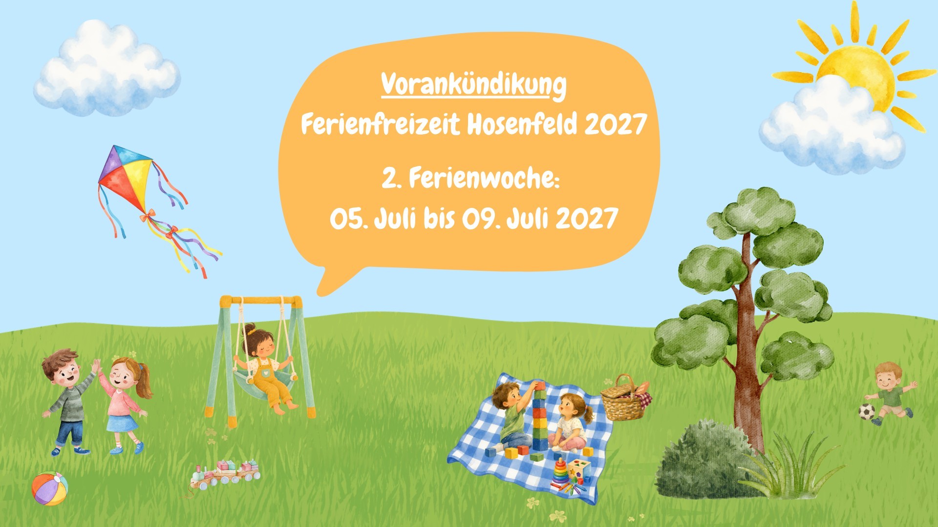 Sie sehen ein Plakat von der Vorankündigung für die Ferienfreizeit 2027 in Hosenfeld.