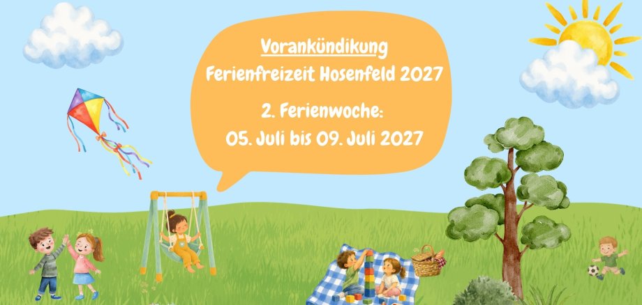 Ferienfreizeit Hosenfeld 2027 Sie sehen ein Plakat von der Vorankündigung für die Ferienfreizeit 2027 in Hosenfeld.