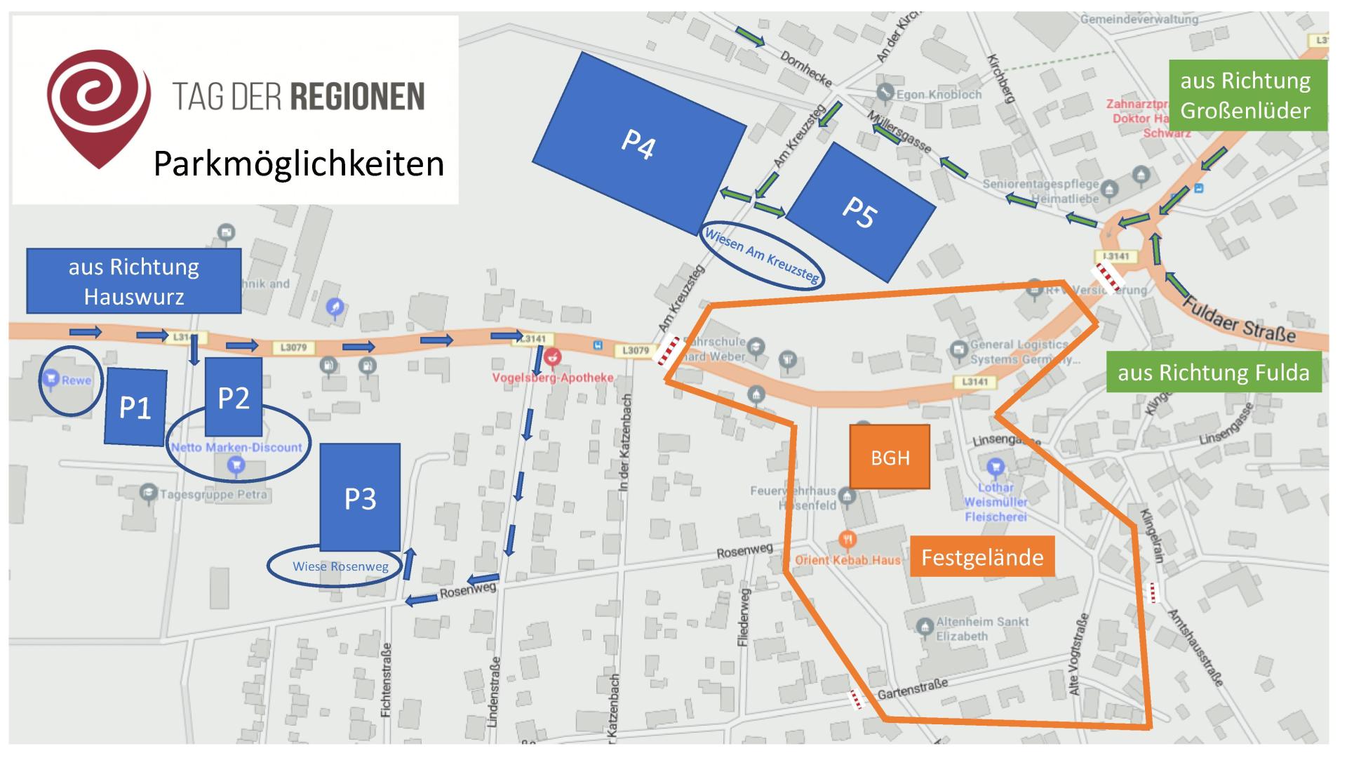 Parkmöglichkeiten Sie sehen die Parkmöglichkeiten für den Tag der Regionen.