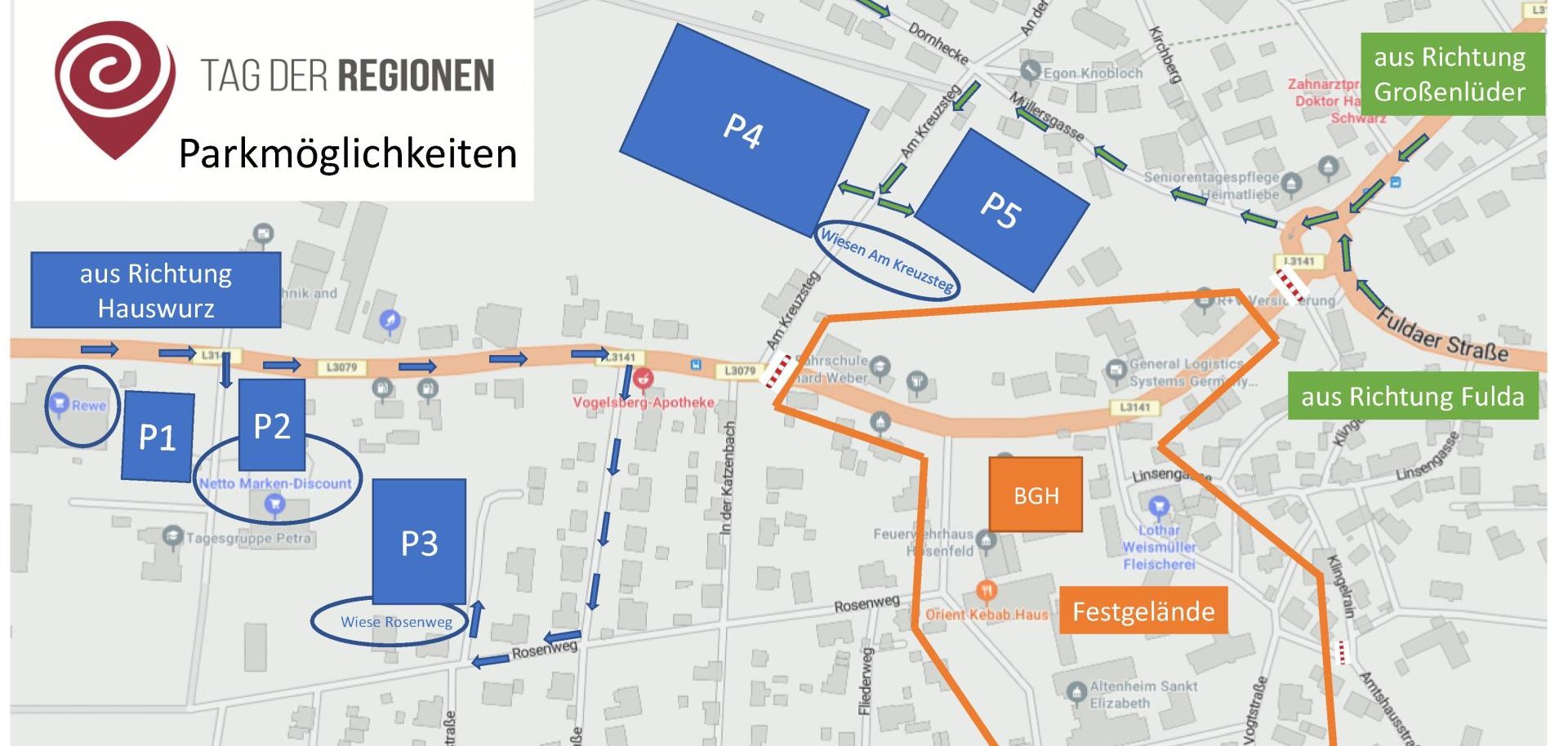 Sie sehen die Parkmöglichkeiten für den Tag der Regionen.