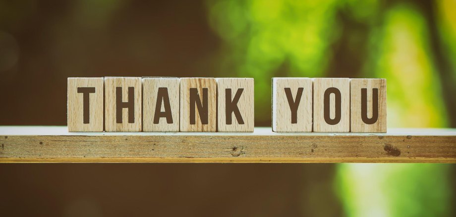 Sie sehen den Schriftzug "Thank you" auf einer Holzstande vor grünem Hintergrund.
