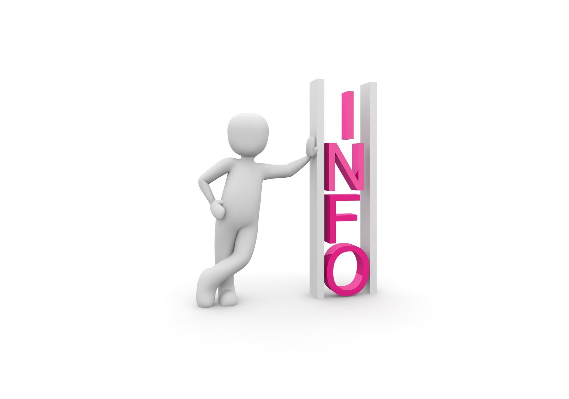 Sie sehen einen Info Schriftzug, an dem ein Pictogram einer Person lehnt.