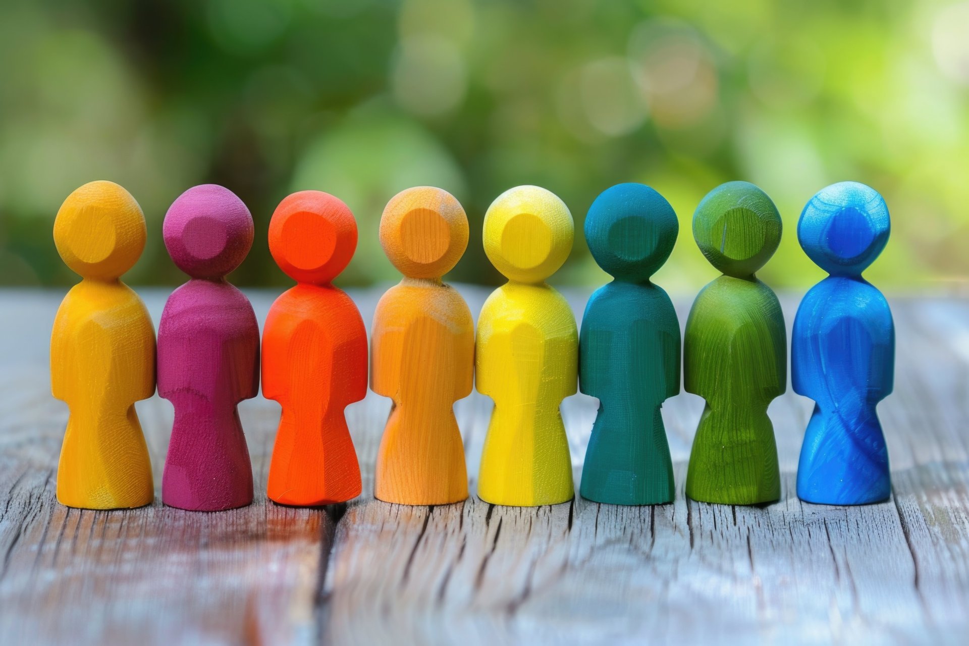 Inklusion Sie sehen bunte Figuren aus Holz.