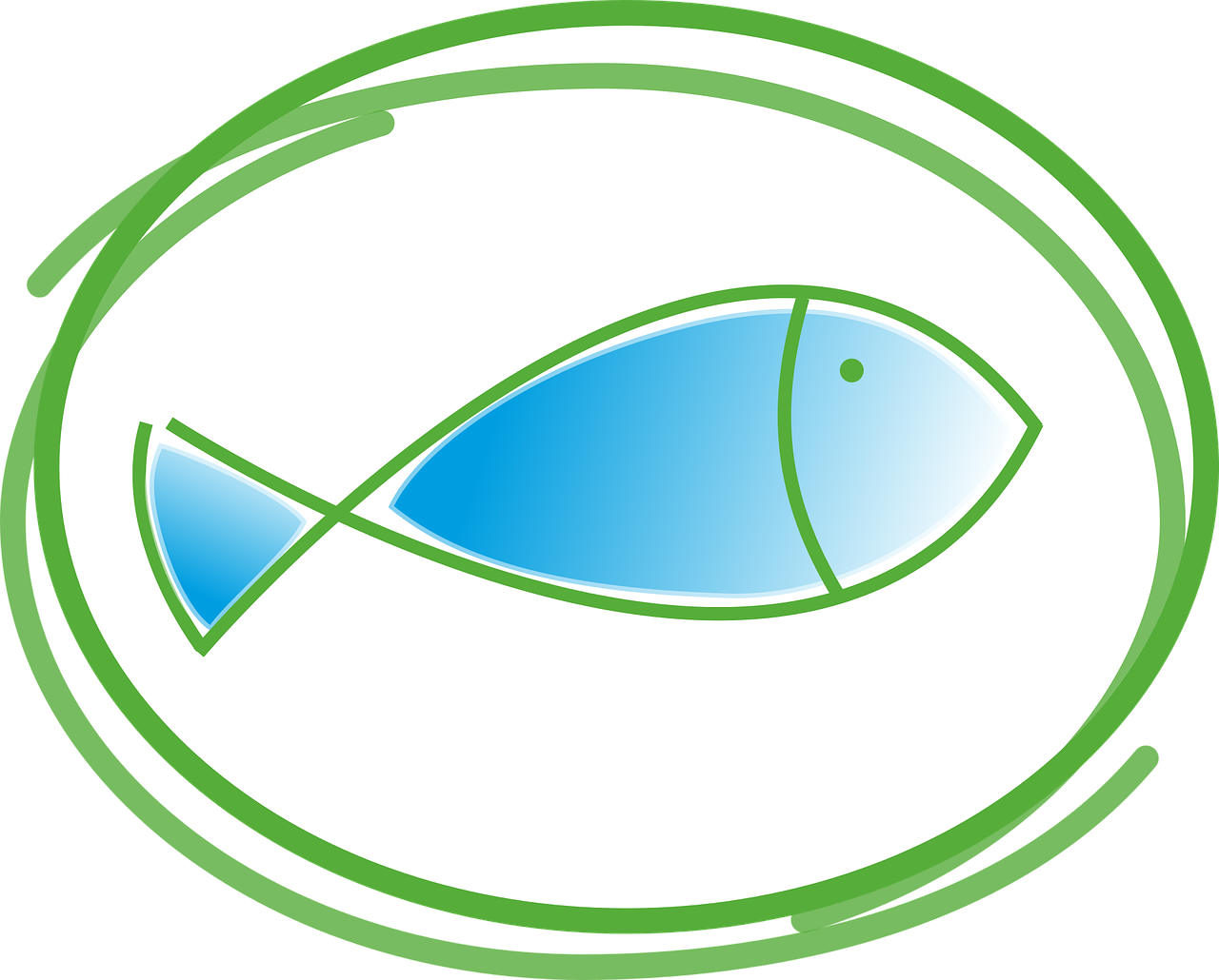 Sie sehen die Zeichnung eines blauen Fisches mit grünem Kreis darum.